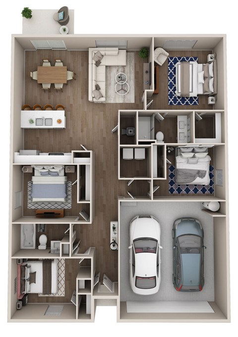 Floor plan for 4 beds, 2 baths, 1497 sqft